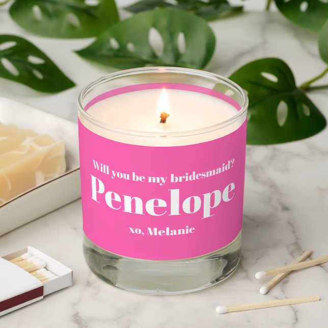 Hot Pink Bridesmaid Proposal Elegant Personalized Scented Candle (Lit)