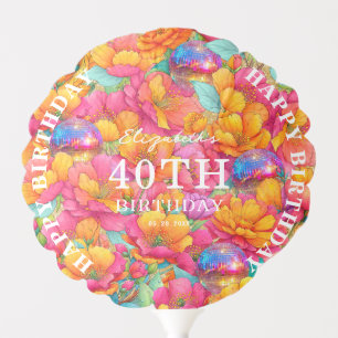 Hot Pink Bright Floral Disco Ball Happy Birthday Balloon