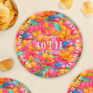 Hot Pink Bright Floral Disco Ball Happy Birthday Paper Plates