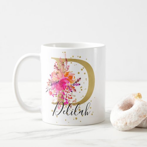 Hot Pink Bright Floral Letter D Monogram Coffee Mug