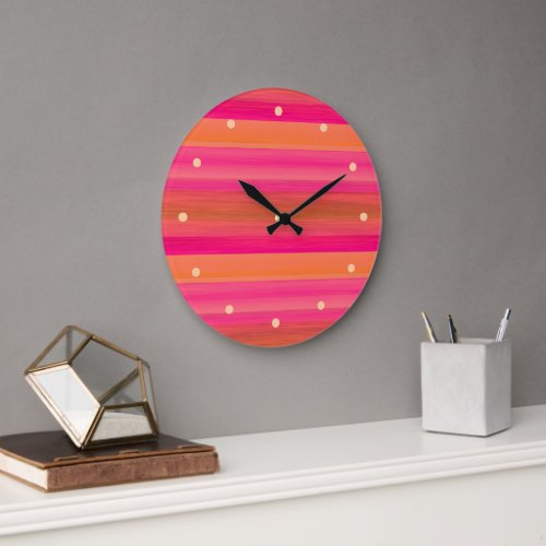 Hot Pink Bright Orange Watercolor Stripes Pattern Large Clock