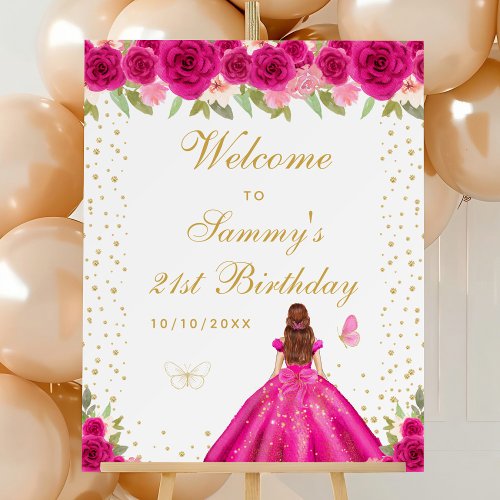 Hot Pink Brown Hair Girl Birthday Party Welcome Foam Board