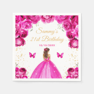 Hot Pink Brown Hair Princess Birthday Party Napkins