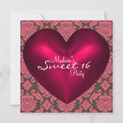 Hot Pink Brown Red Heart Damask Sweet 16 Party Invitation