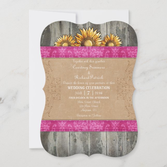 Hot Pink Brown Rustic Sunflower Wedding Invite (Front)