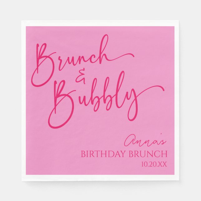 Hot Pink Brunch and Bubbly Birthday Brunch Party Napkins (Front)