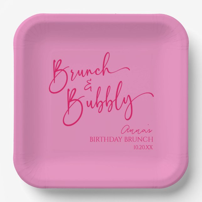 Hot Pink Brunch and Bubbly Birthday Brunch Party Paper Plates (Front)