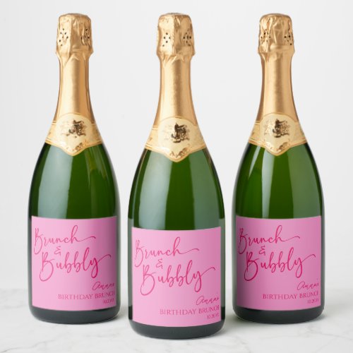 Hot Pink Brunch and Bubbly Birthday Brunch Party Sparkling Wine Label