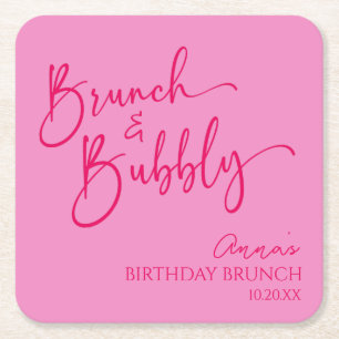 Hot Pink Brunch and Bubbly Birthday Brunch Party Square Paper Coaster