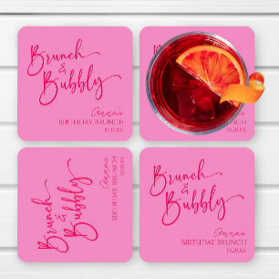Hot Pink Brunch and Bubbly Birthday Brunch Party Square Paper Coaster