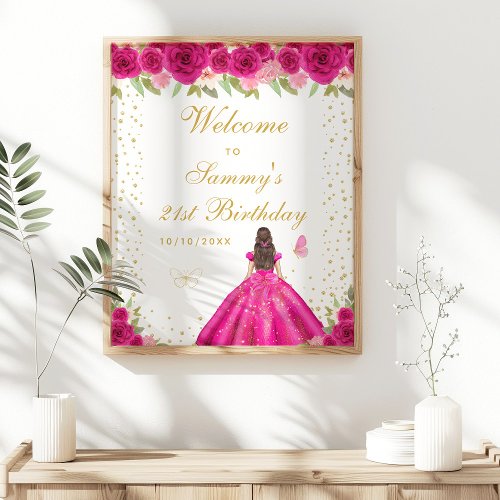 Hot Pink Brunette Hair Girl Birthday Party Welcome Poster