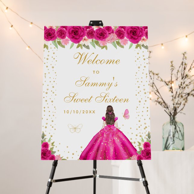 Hot Pink Brunette Hair Girl Sweet Sixteen Welcome Foam Board (In Situ (Stand))