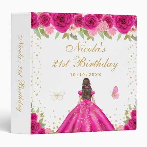 Hot Pink Brunette Hair Princess Birthday Party 3 Ring Binder