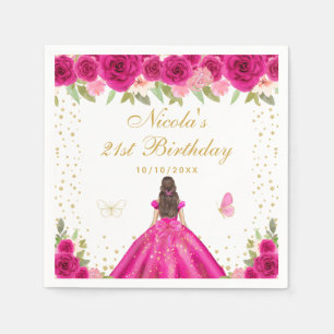 Hot Pink Brunette Hair Princess Birthday Party Napkins
