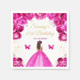 Hot Pink Brunette Hair Princess Birthday Party Napkins