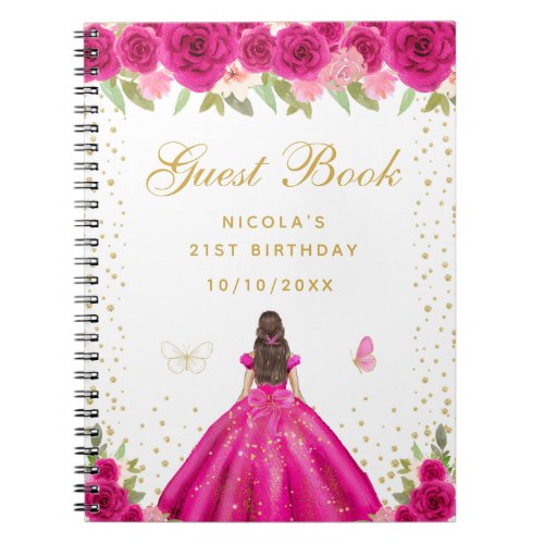 Hot Pink Brunette Hair Princess Birthday Party Notebook
