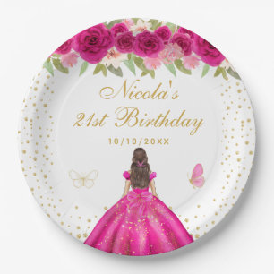Hot Pink Brunette Hair Princess Birthday Party Paper Plates