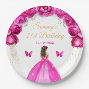 Hot Pink Brunette Hair Princess Birthday Party Paper Plates