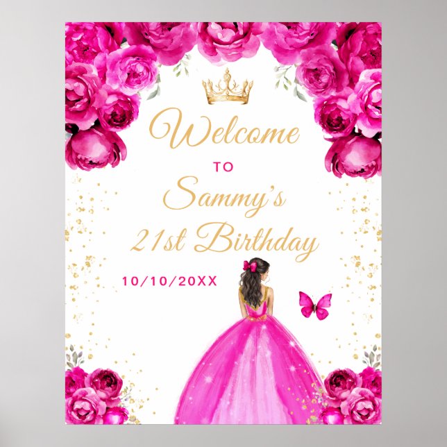 Hot Pink Brunette Hair Princess Birthday Welcome Poster (Front)