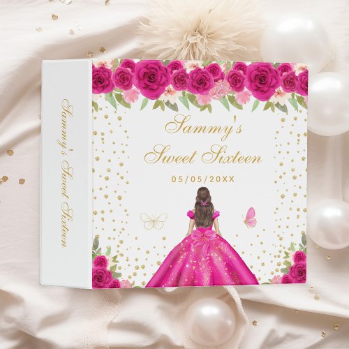 Hot Pink Brunette Hair Princess Sweet Sixteen 3 Ring Binder