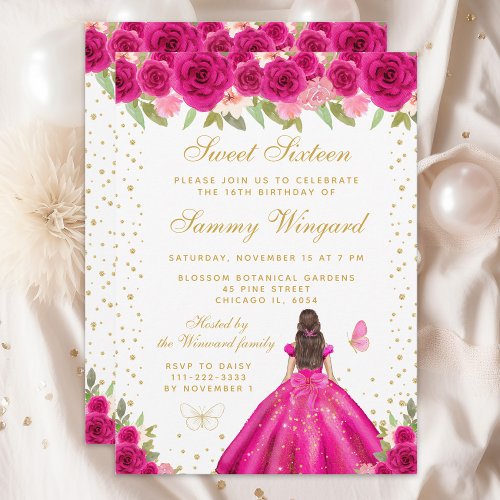 Hot Pink Brunette Hair Princess Sweet Sixteen Invitation