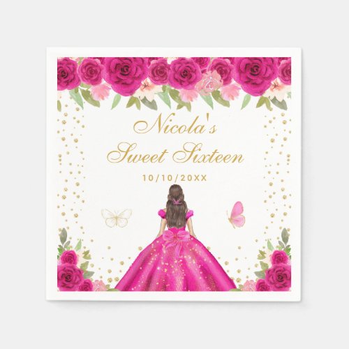 Hot Pink Brunette Hair Princess Sweet Sixteen Napkins