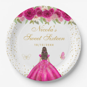 Hot Pink Brunette Hair Princess Sweet Sixteen Paper Plates