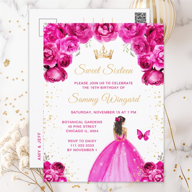 Hot Pink Brunette Hair Princess Sweet Sixteen Postcard (Creator Uploaded)