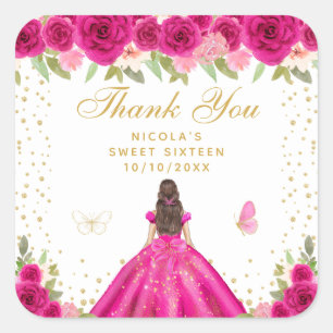 Hot Pink Brunette Hair Princess Sweet Sixteen Square Sticker
