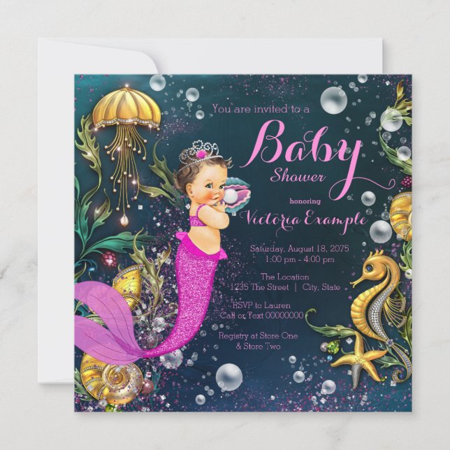 Hot Pink Brunette Mermaid Baby Shower Invitation (Front)