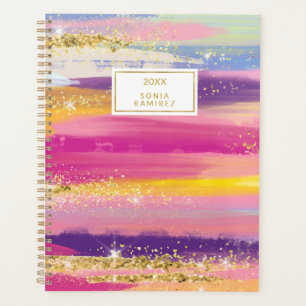 Hot Pink Brush Strokes Bright Gold Glitter Planner