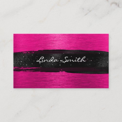 Hot Pink Brushed Metal Black Brush Strokes Business Card