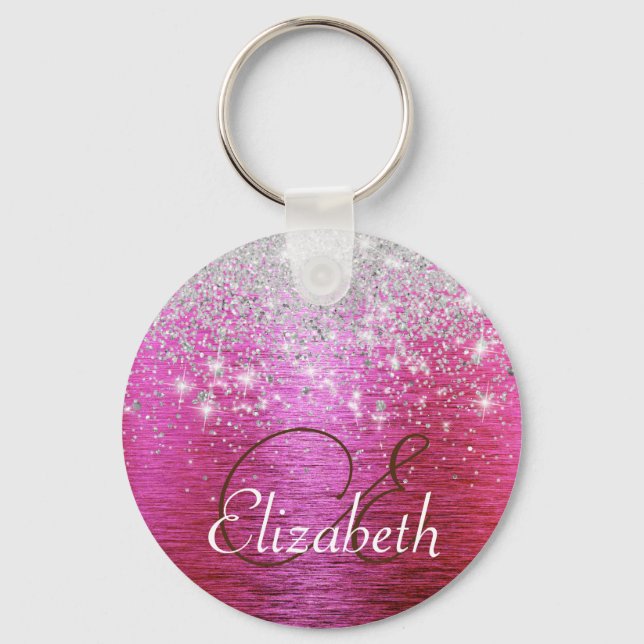 Hot Pink Brushed Metal Silver Glitter Monogram  Keychain (Front)