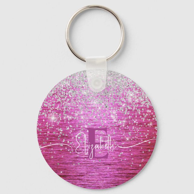 Hot Pink Brushed Metal Silver Glitter Monogram  Keychain (Front)