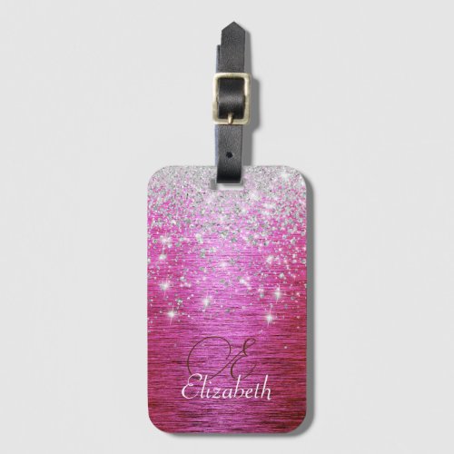 Hot Pink Brushed Metal Silver Glitter Monogram  Luggage Tag