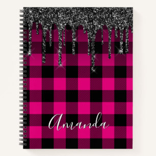 Hot Pink Buffalo Plaid Black Glitter Drips Notebook