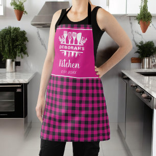 Hot Pink Buffalo Plaid Kitchen Name Apron