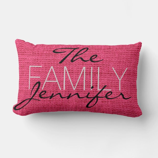 Hot Pink Burlap Rustic Linen Monogram Lumbar Pillow (Front)