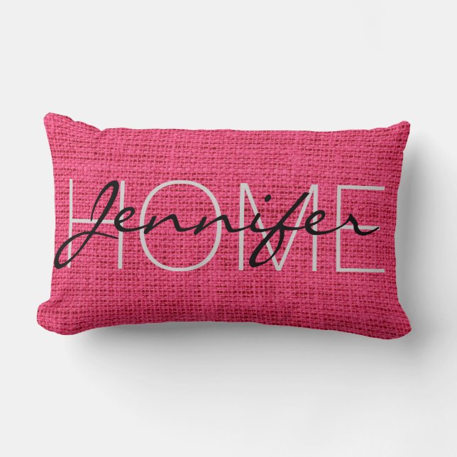 Hot Pink Burlap Rustic Monogram Lumbar Pillow (Front)