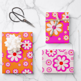 Hot Pink& Burnt Orange Daisy Pattern Retro Floral Wrapping Paper Sheets