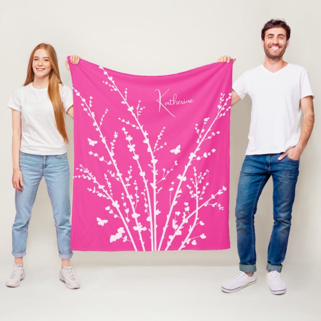 Hot Pink Butterflies Branches Customizable Name Fleece Blanket (In Situ)