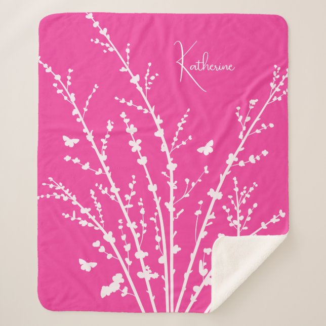 Hot Pink Butterflies Branches Customizable Name   Sherpa Blanket (Front)