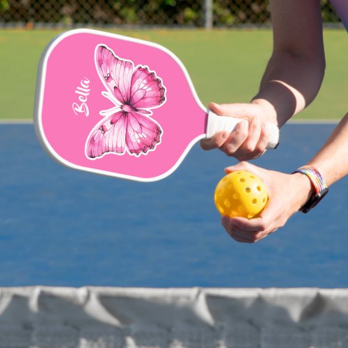 Hot Pink Butterfly Custom Name and Message at Back Pickleball Paddle