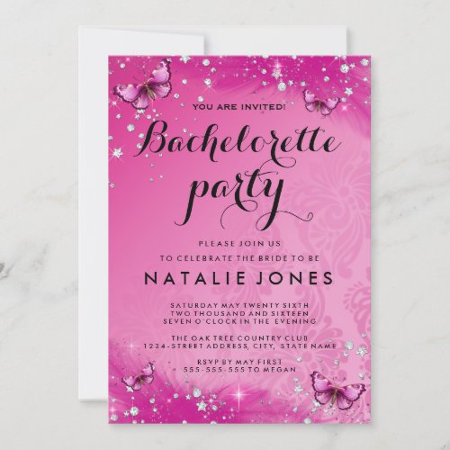 Hot Pink Butterfly Diamond bachelorette Invitation