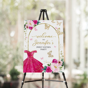 Hot Pink Butterfly Floral Sweet 16 Welcome Poster