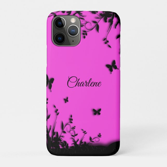 Hot Pink Butterfly Garden Personal Name Case-Mate iPhone Case (Back)