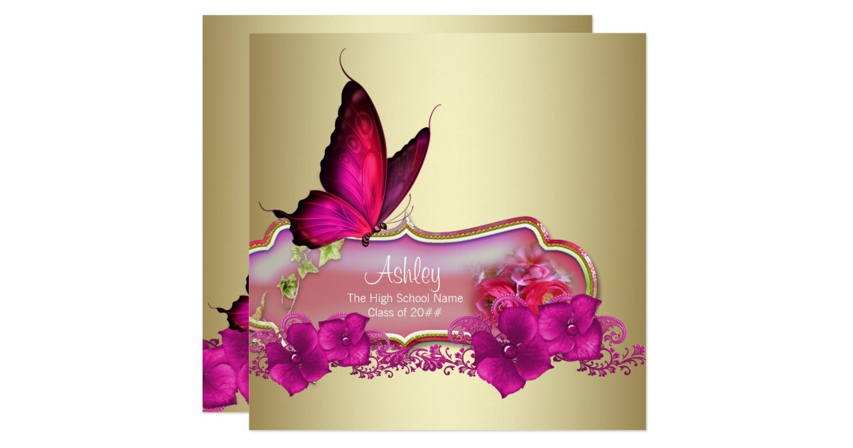 Hot Pink Butterfly Graduation Announcements | Zazzle