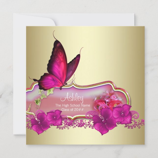 Hot Pink Butterfly Graduation Announcements (Front)