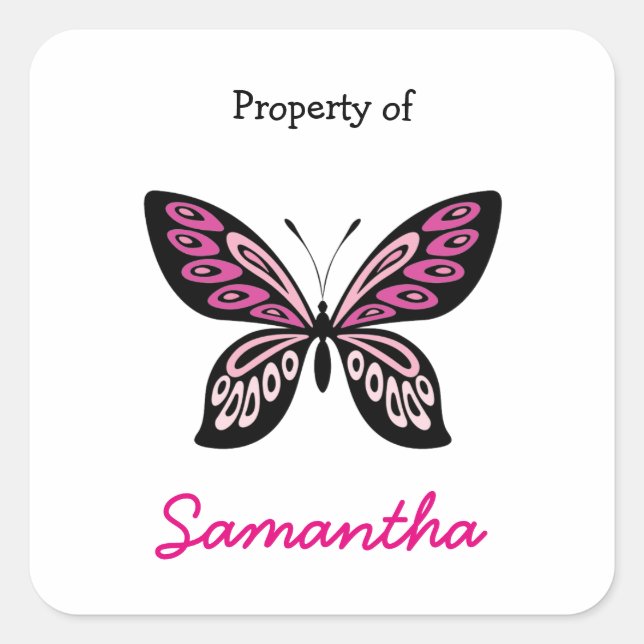 Hot pink butterfly personalized school supply square sticker (Front)