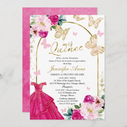 Hot Pink Butterfly Spanish Quinceanera Invitations